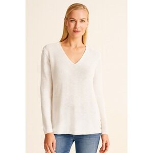 J McLaughlin Women's Lightweight Open Weave Knit White Coastal V-Neck-‎ Size L